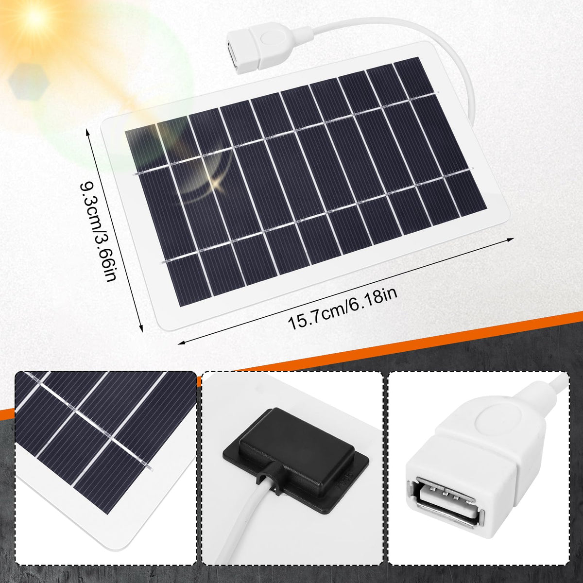 YESSZ USB solar panel charger side view showing portable lightweight design for hiking