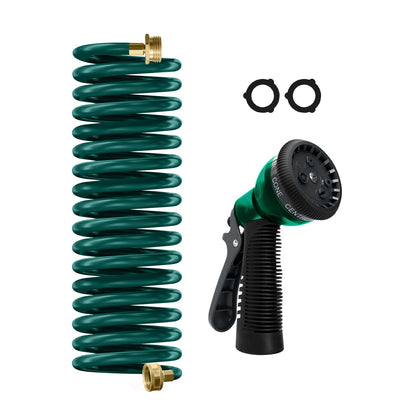 YESTAR 15ft coil hose with brass connector ready for outdoor watering.