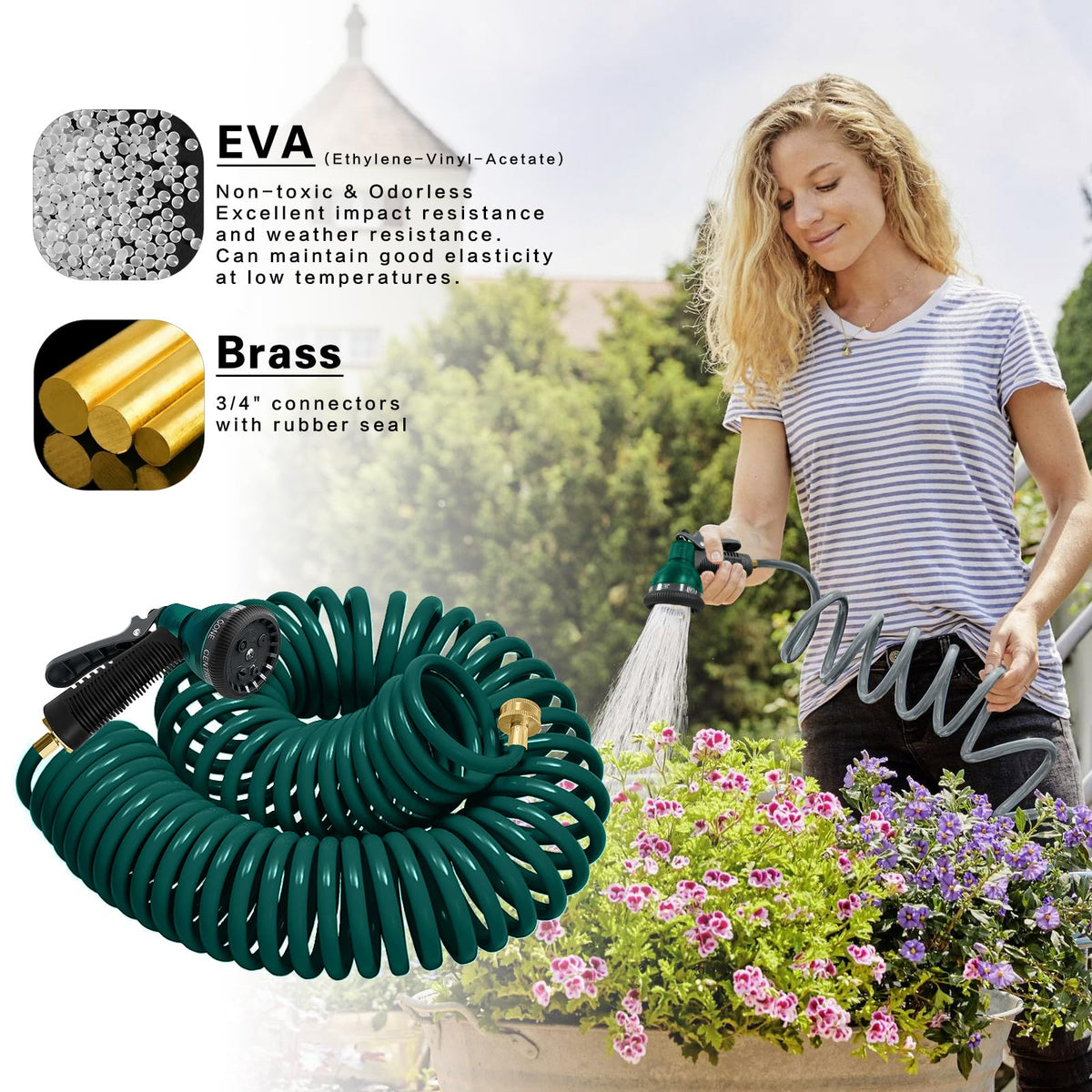 YESTAR coil hose 75ft with brass connector for durable outdoor use.