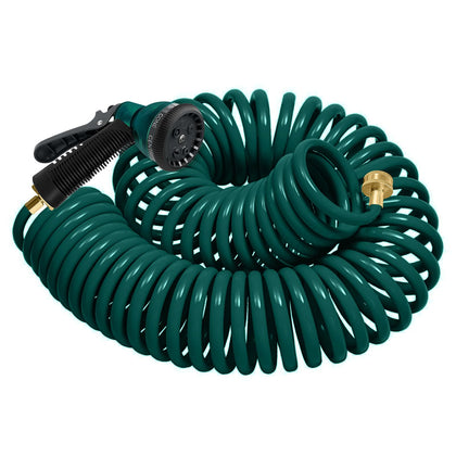 YESTAR coil hose 75ft coiled for easy storage and quick watering.