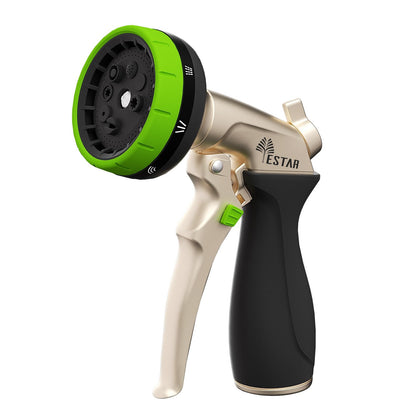 YESTAR garden hose nozzle showcasing eight spray patterns for versatile watering