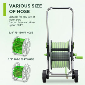 YESTAR Garden Hose Reel Cart holds 75-150 ft of 5/8-inch hose for versatile yard setups.