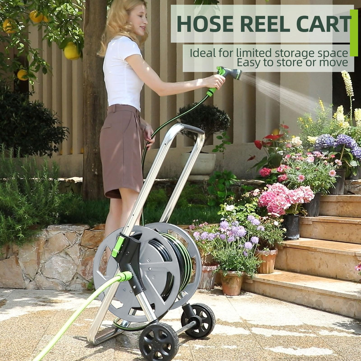 YESTAR Garden Hose Reel Cart adjustable handrail height for tailored reach.