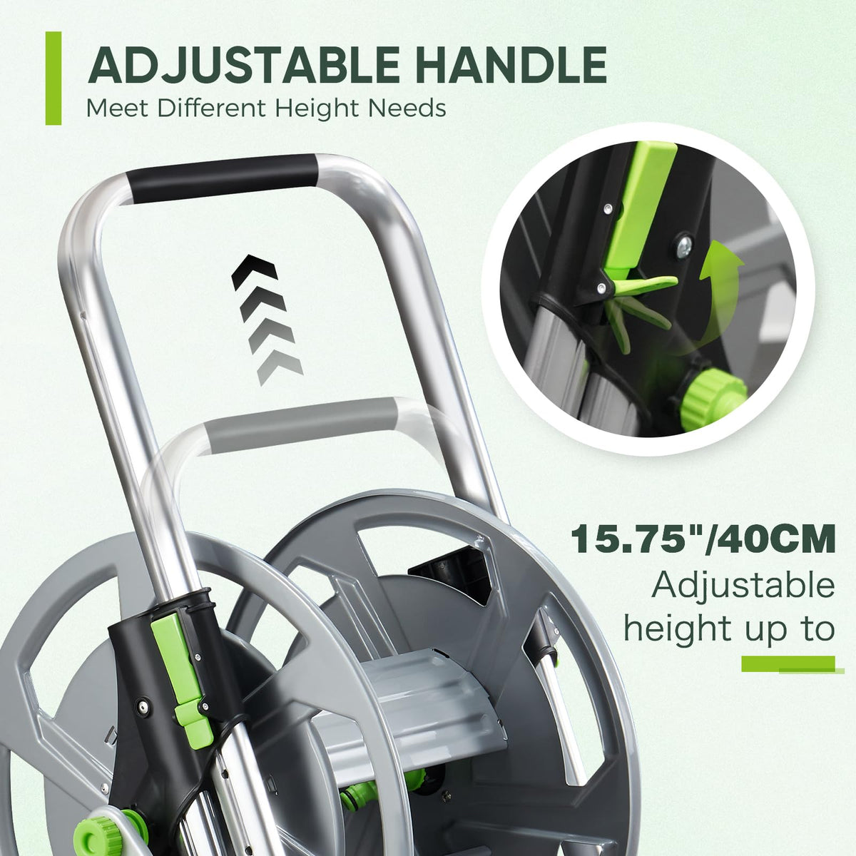 YESTAR Garden Hose Reel Cart non-slip handle for neat hose winding.