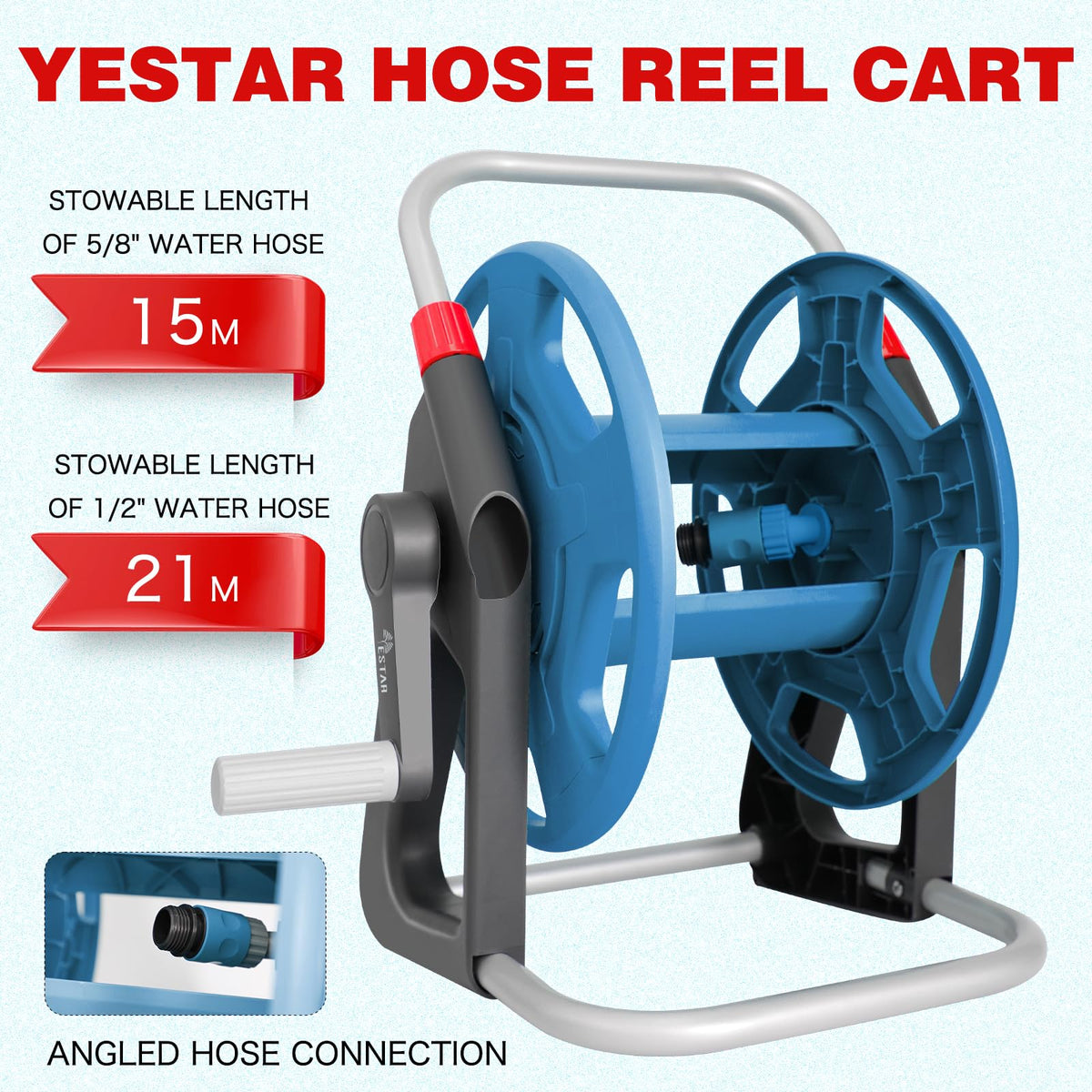 YESTAR garden hose reel cart ideal for outdoor use on patios and lawns.