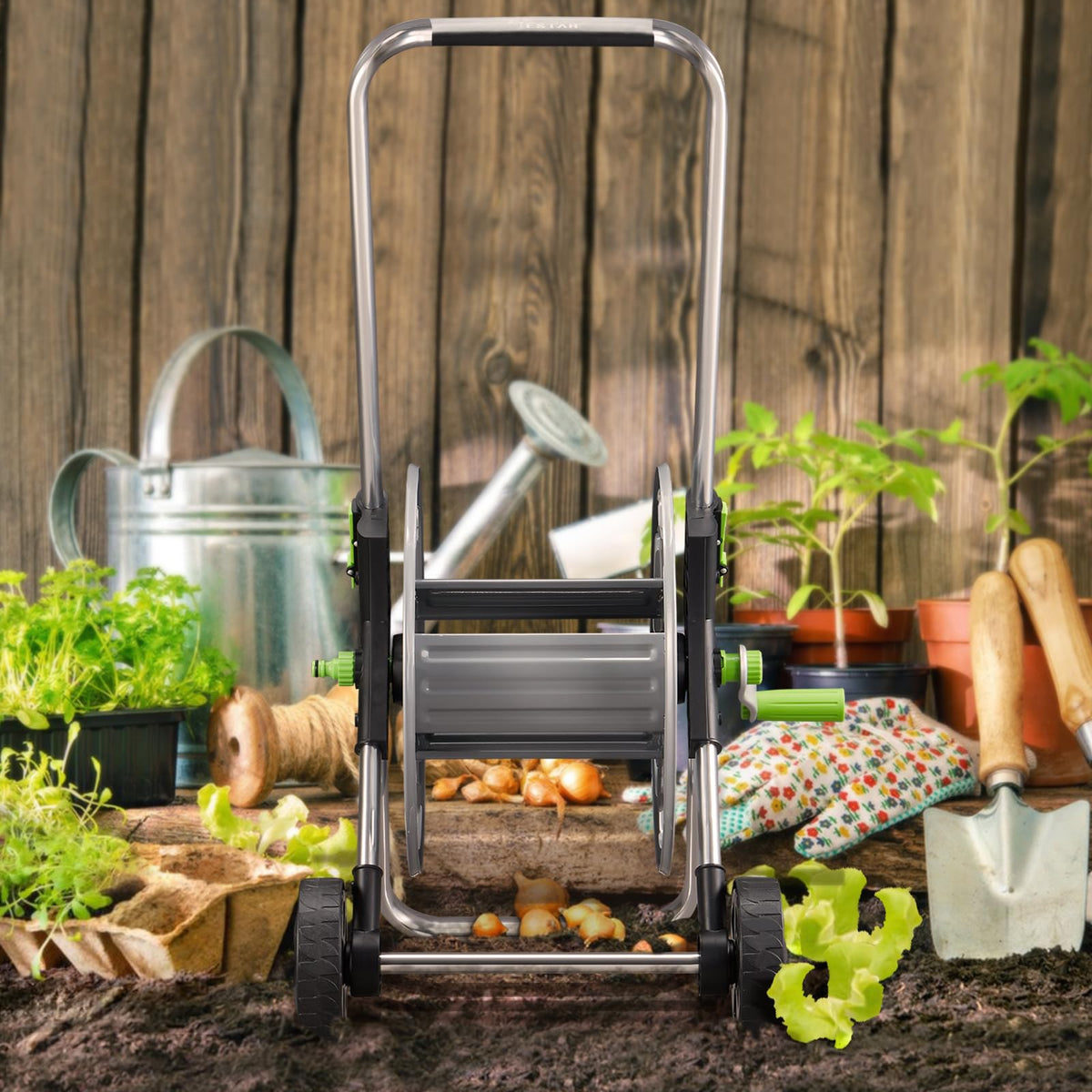 YESTAR Garden Hose Reel Cart portable with wheels for curbside gardening.