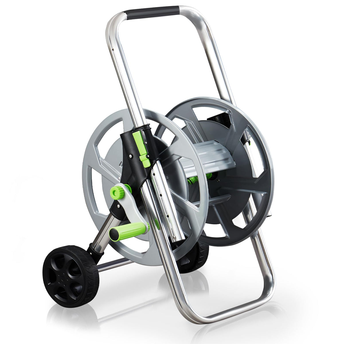 YESTAR Garden Hose Reel Cart side view with wheels for effortless maneuvering.