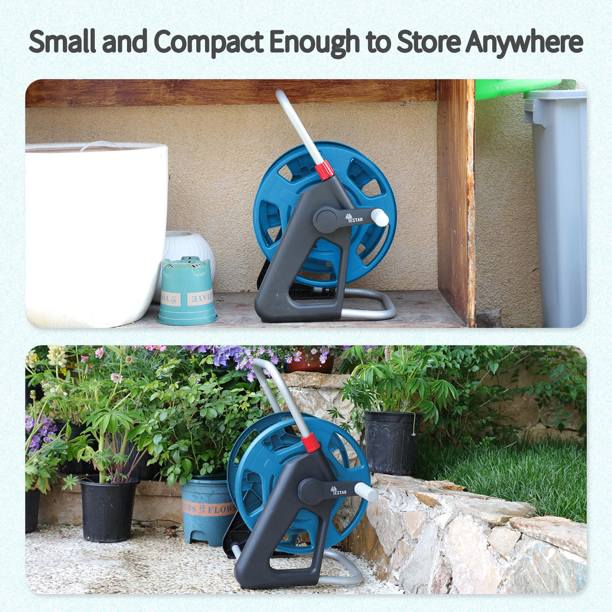 YESTAR hose reel cart storage space for hoses and tools.