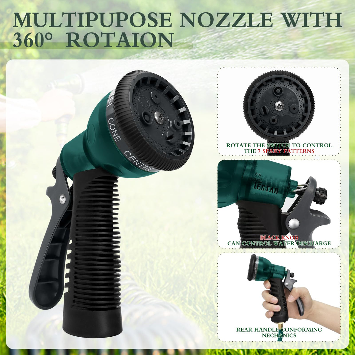 YESTAR seven-pattern nozzle offers versatile spraying for plants and washing.