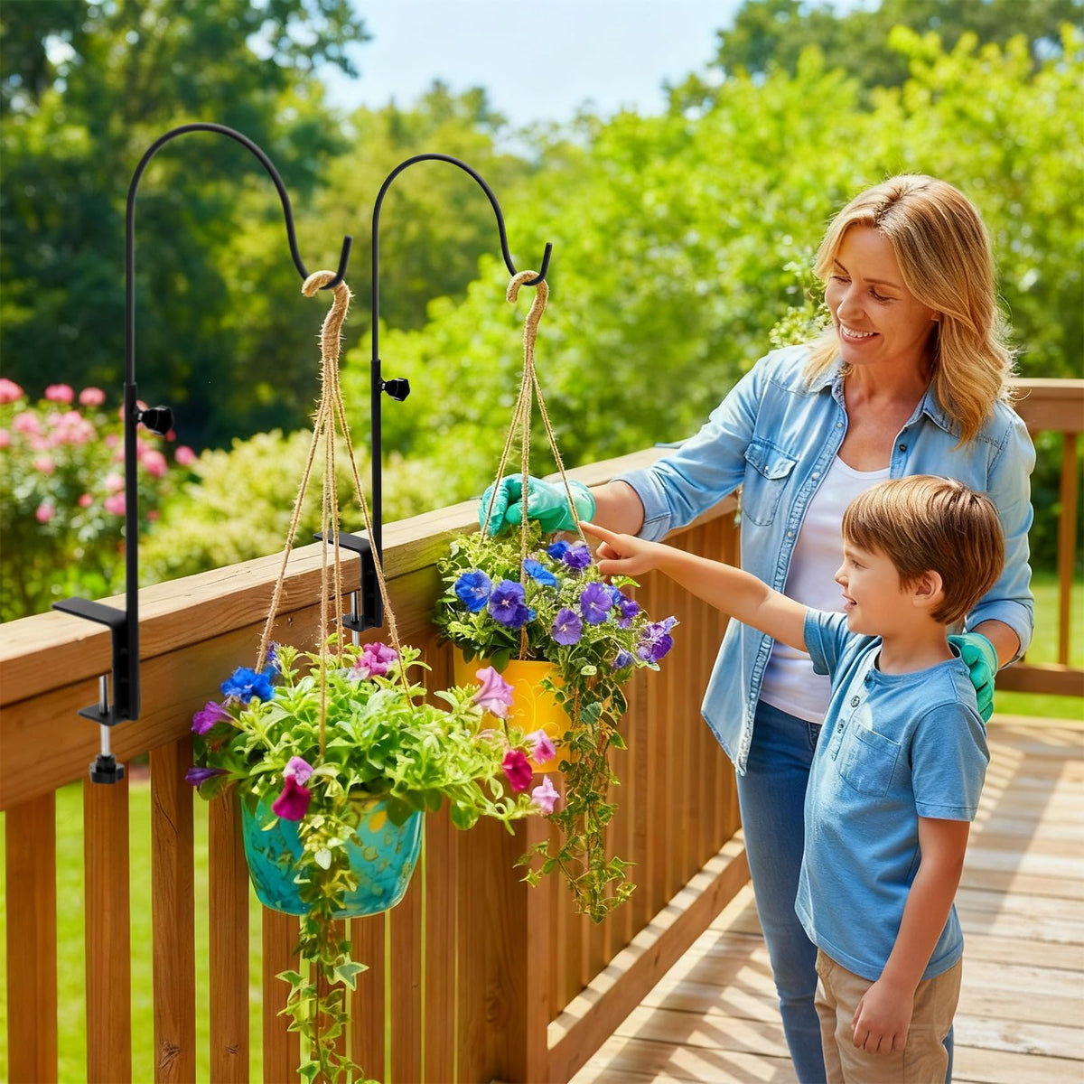 Yetene rail plant hanger for baskets adds versatile support along porches.