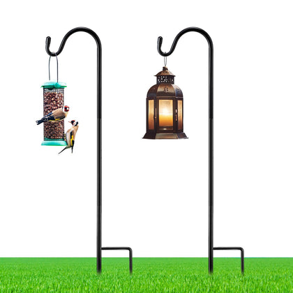 Yetene two-pack 30-inch shepherd hook holds bird feeder securely outdoors.