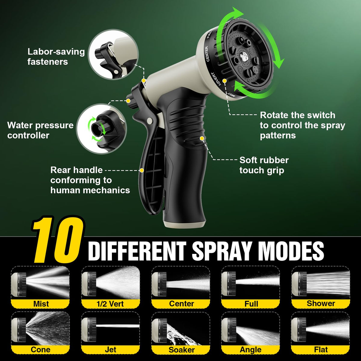 Yetogib 10-function nozzle for versatile spray patterns.