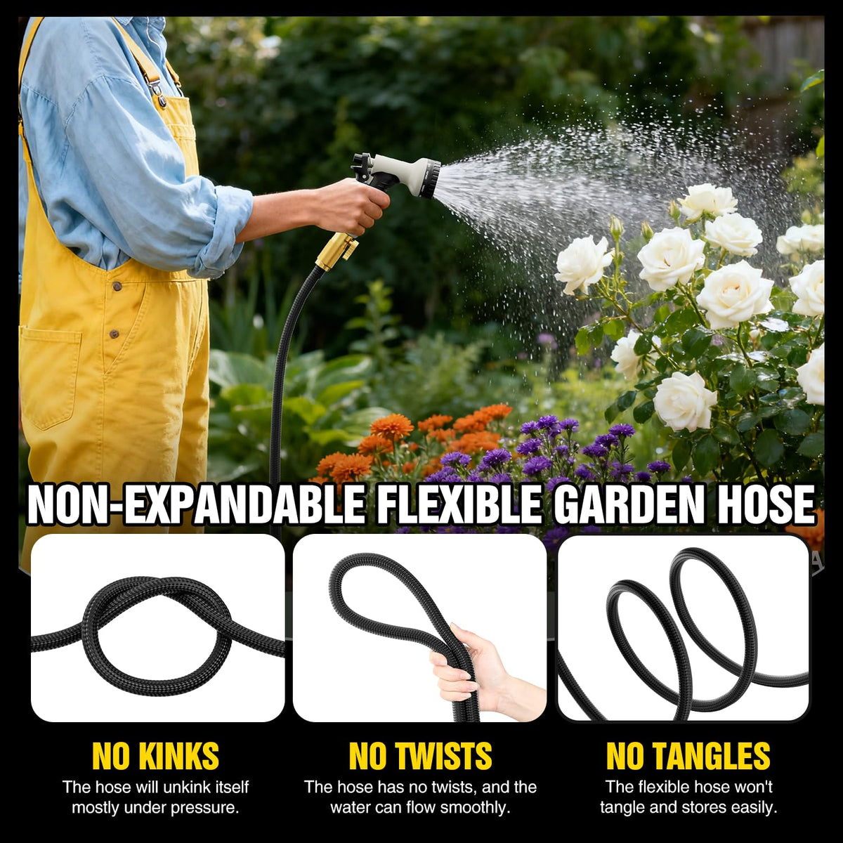 Yetogib Garden Hose 75ft anti-expansion core maintains steady water flow in hot sun.