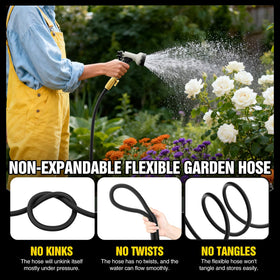 Yetogib Garden Hose 75ft anti-expansion core maintains steady water flow in hot sun.