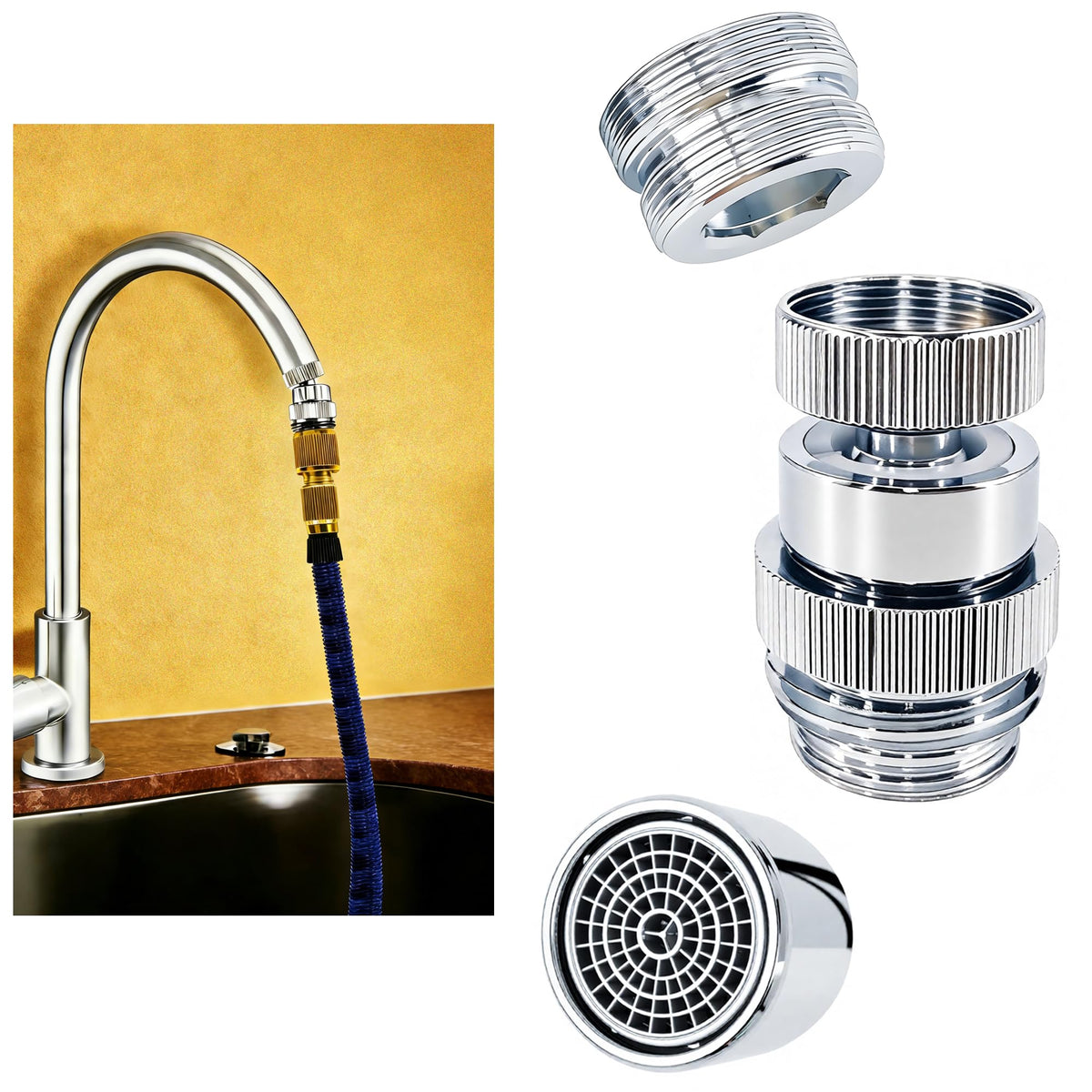 YeulYuuri 360-degree swivel detail showing knot-free water flow.