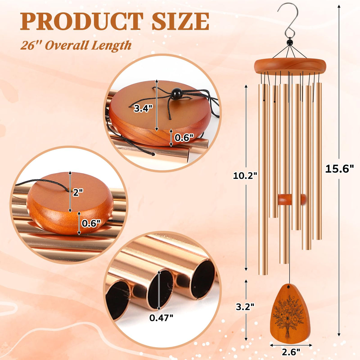 Yewfold 26-inch wind chime with wooden pendant for gentle breeze melodies