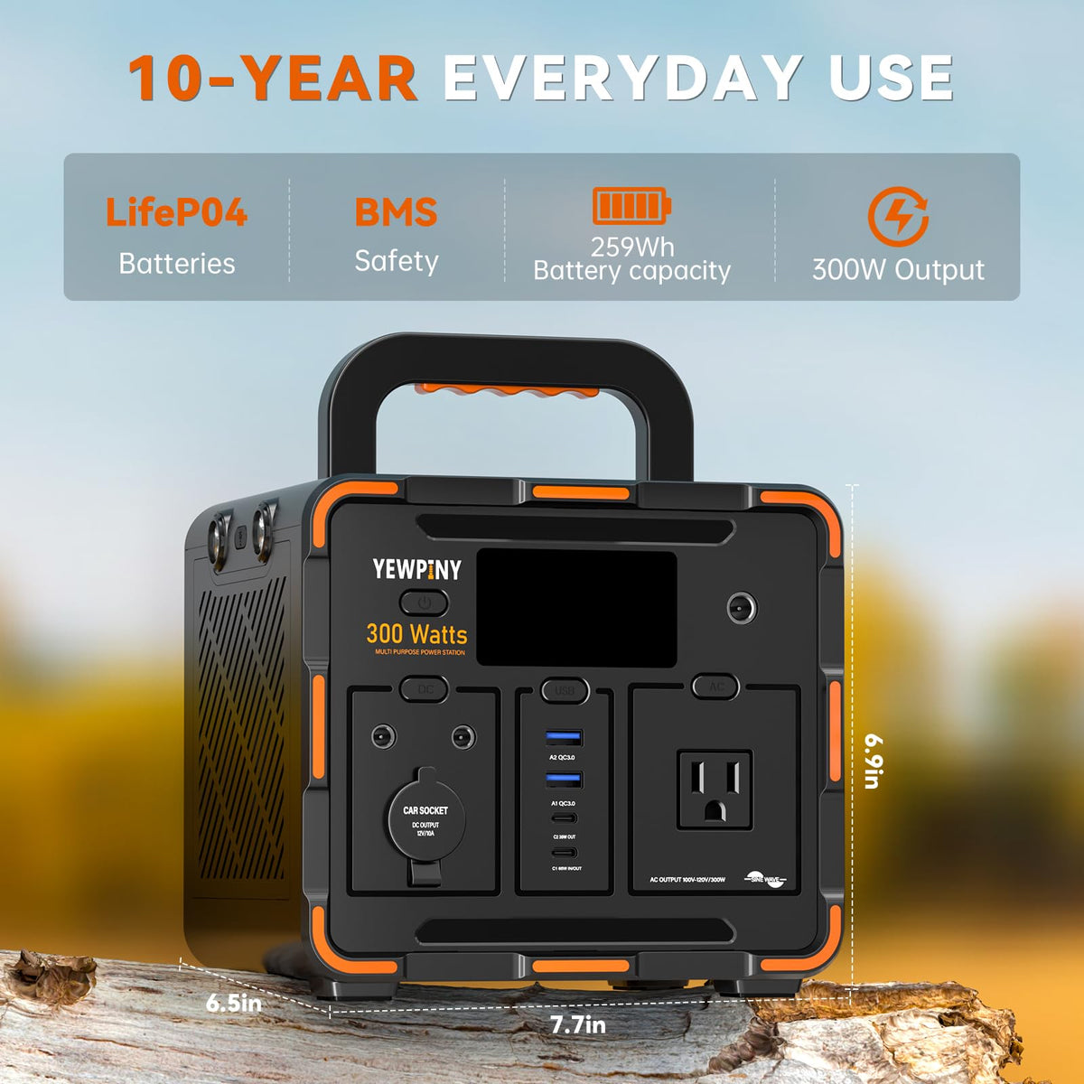 Yewpiny EM300 AC outlet provides clean sine-wave power for sensitive electronics.