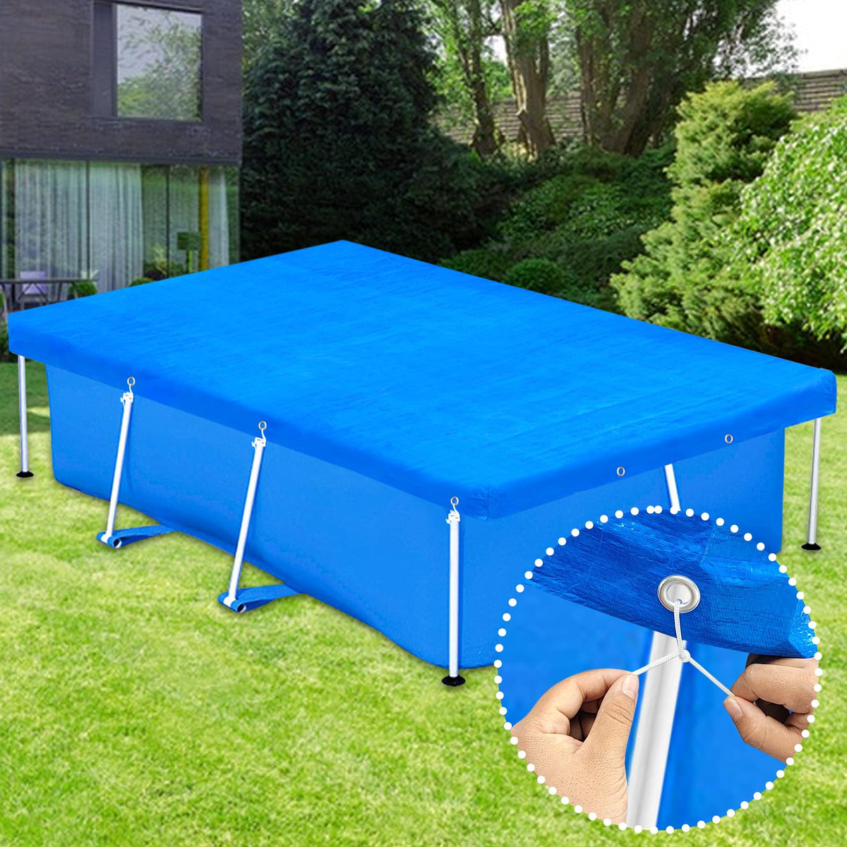 Easy installation with pull tabs and rope secures the cover