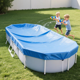 YEXEXINM blue oval pool cover enhances backyard aesthetics.