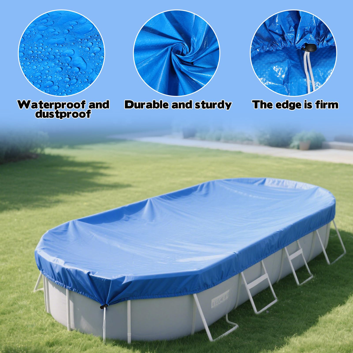 YEXEXINM oval pool cover with windproof drawstring stays in place during gusts.