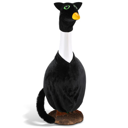 Yeyeplum black cat mask with realistic eyes enhances porch Halloween decor.