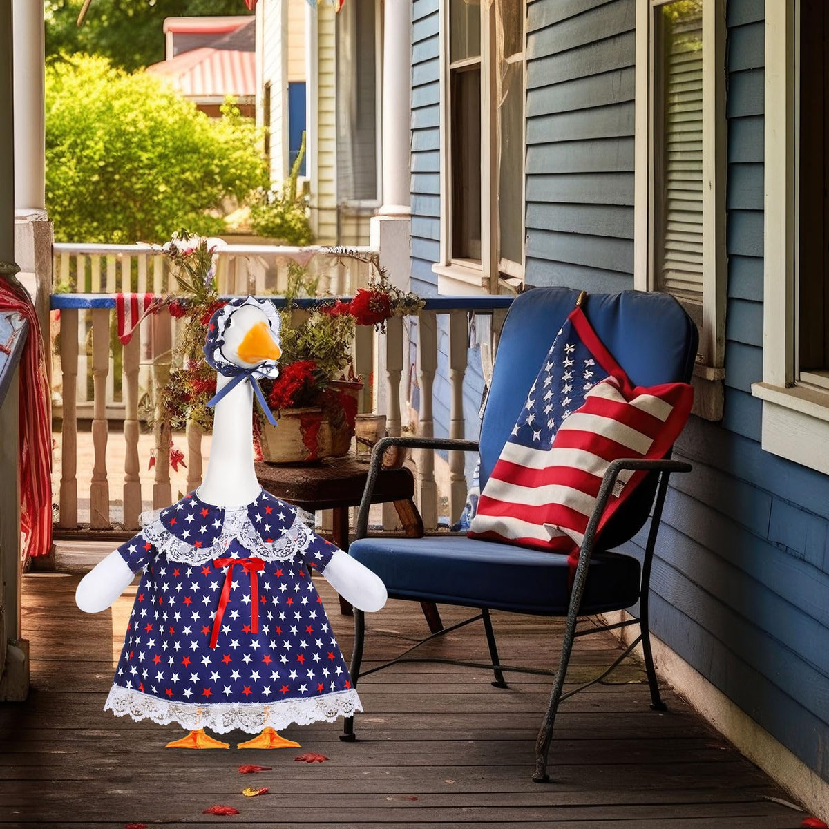 Yeyeplum patio yard goose ensemble adds red, white, and blue charm