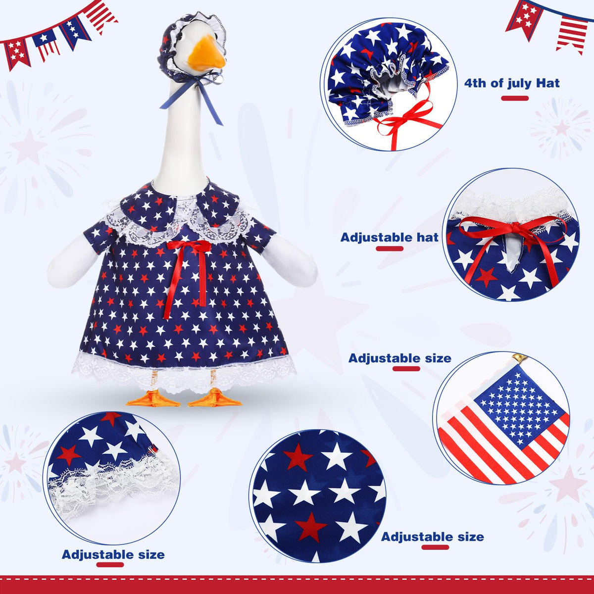 Yeyeplum patriotic goose outfit on a 23-inch statue for Independence Day scene
