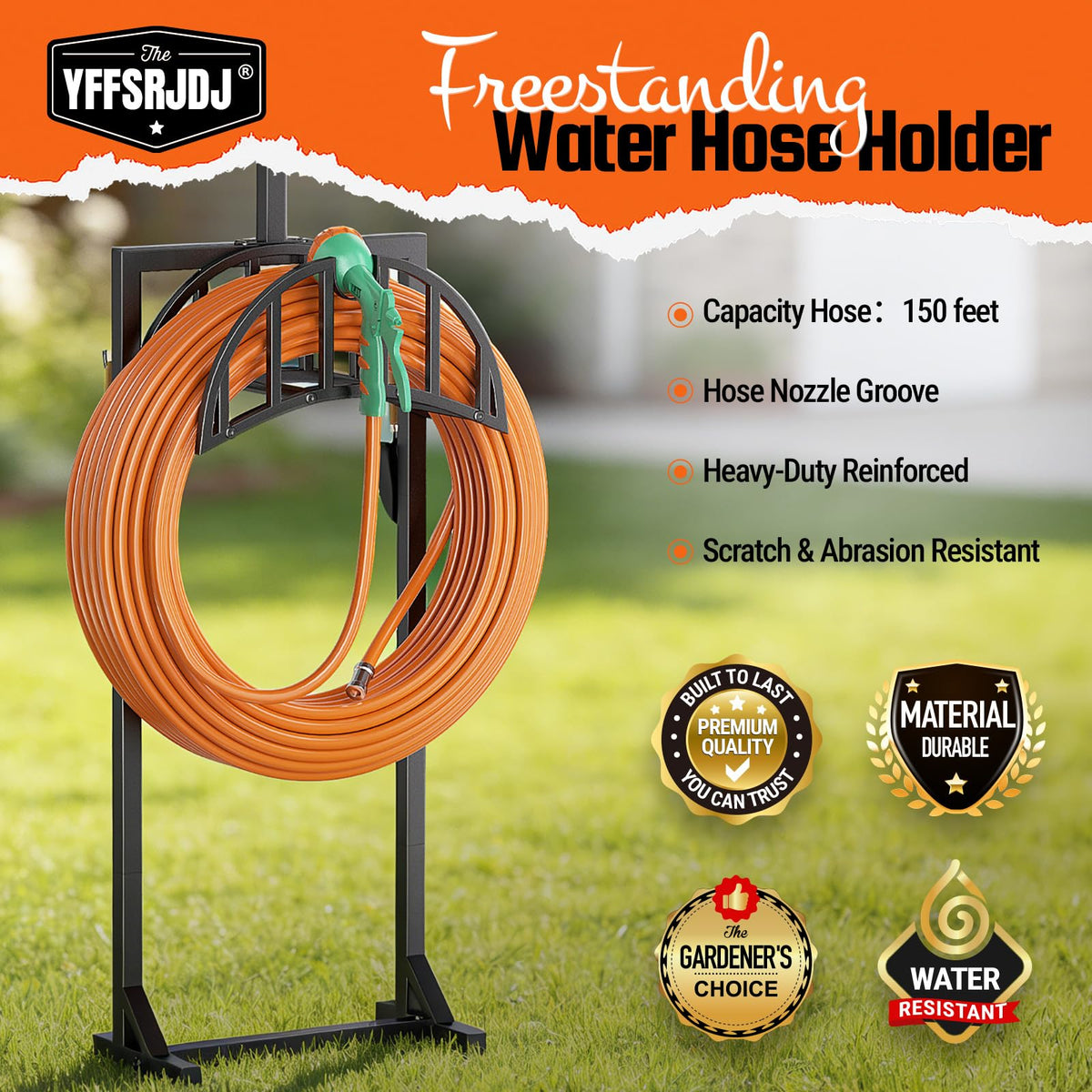 YFFSRJDJ hose rack with four stakes provides rock-solid stability in lawns.