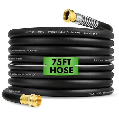 YGJT heavy duty garden hose 75ft coiled for easy storage and steady water flow.