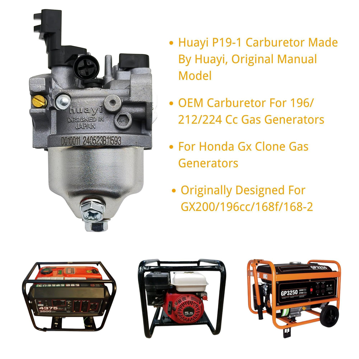 YGQ Huayi P19-1 carburetor kit fit chart demonstrates GX120 through 224cc compatibility