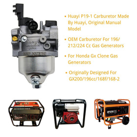 YGQ Huayi P19-1 carburetor kit fit chart demonstrates GX120 through 224cc compatibility