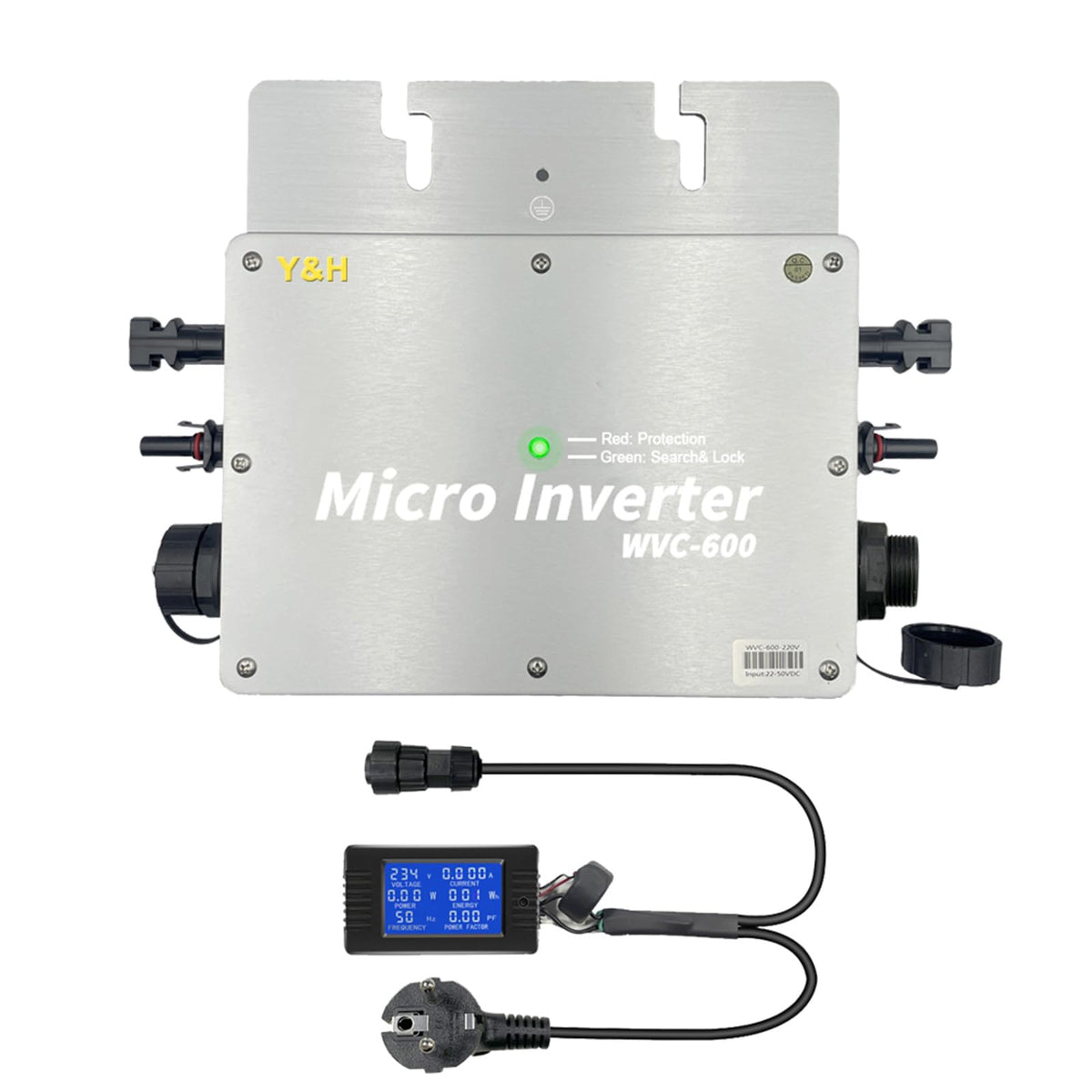 Y&H 600W grid-tie micro inverter shown outdoors with IP65 protection.