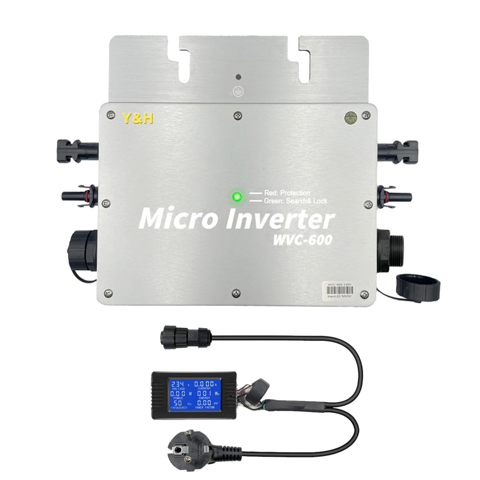 Y&H 600W grid-tie micro inverter shown outdoors with IP65 protection.