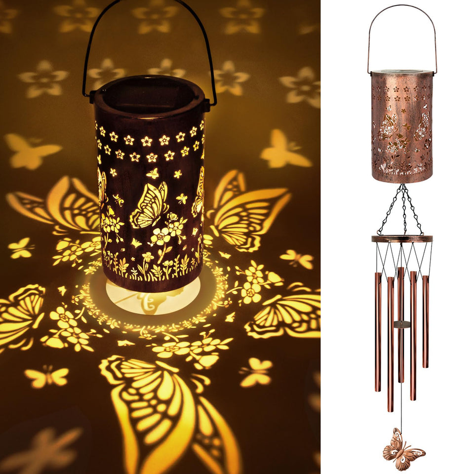YHmall butterfly solar wind chime outside casts dancing shadows at night