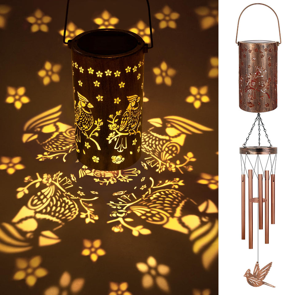 YHmall cardinal wind chimes outdoor glow lights patio at dusk