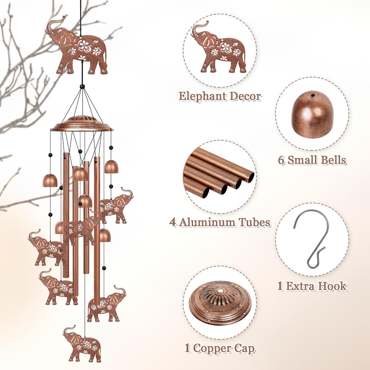 YHmall Elephant Wind Chime hanging setup for easy outdoor installation.
