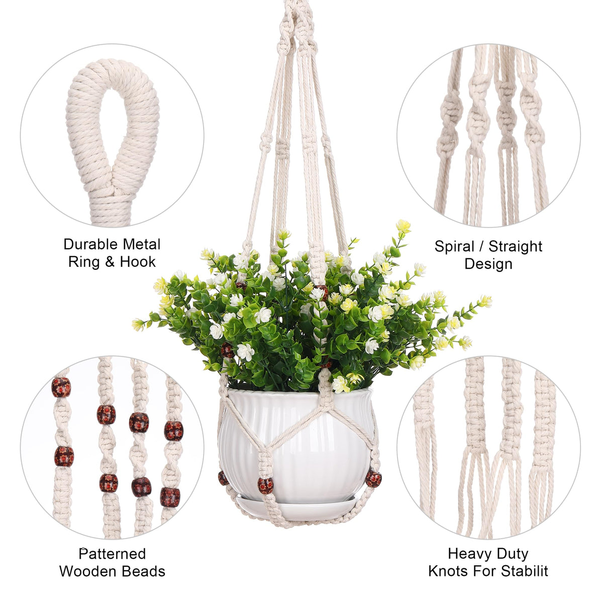 YIBOT macrame hanger 23-inch ivory beads holds small planters with stylish boho flair.