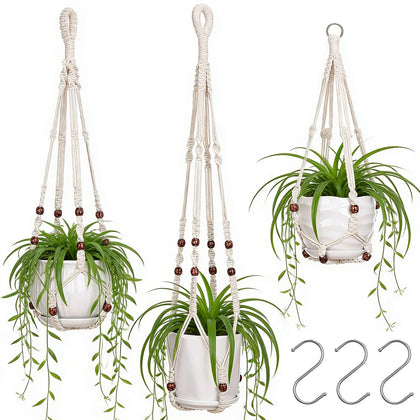 YIBOT macrame hanger with ivory beads in 35-inch size for vertical space saving plant display.