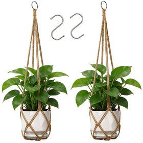 YIBOT macrame plant hanger set, front view, elegantly showcases plants.
