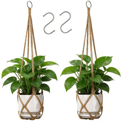 YIBOT macrame plant hanger set, front view, elegantly showcases plants.