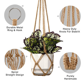YIBOT macrame hanger shows 35-inch length for ceiling or wall displays.