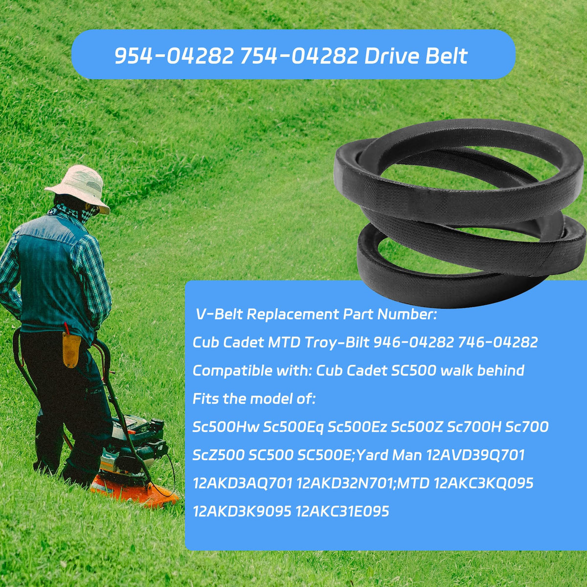 YIEHRNS belt packaging showing Cub Cadet and Troy-Bilt compatibility