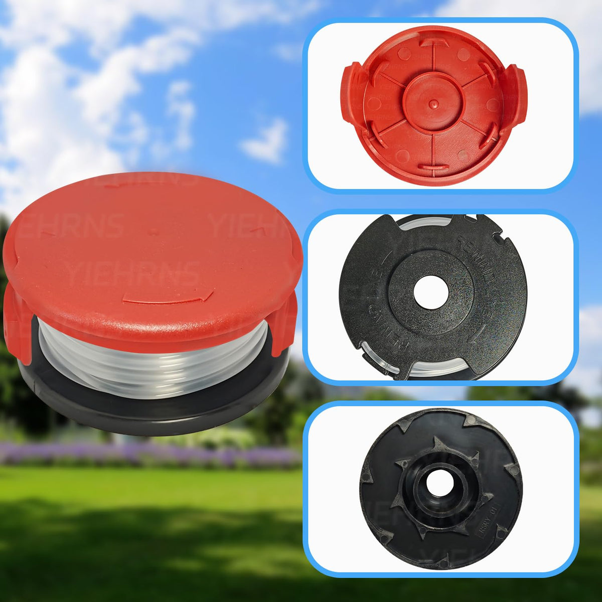 YIEHRNS spool-cap assembly view for fast, tool-free installation.