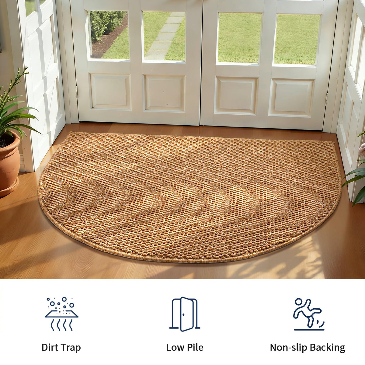 YIHOUSE Half Circle Rug showcases a slim profile that fits under doors smoothly.