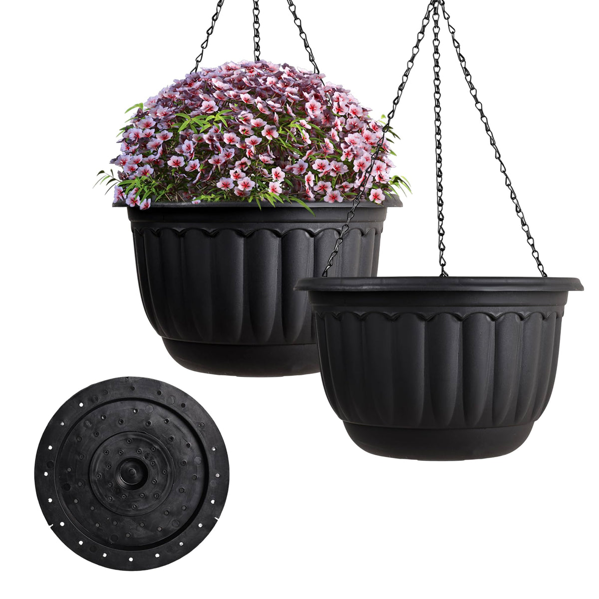 YIKUSH outdoor 12-inch black hanging planter with drainage for balcony decor.