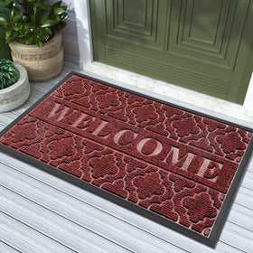 Outdoor-use mat in bright red adds festive curb appeal