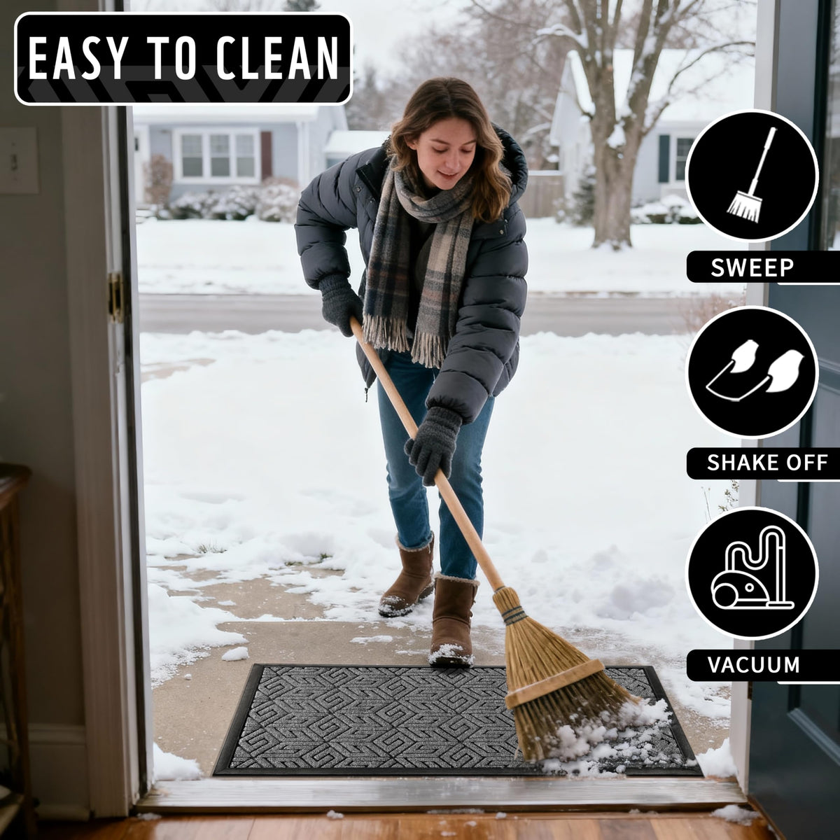 Yimobra doormat is easy to clean with vacuum or hose.