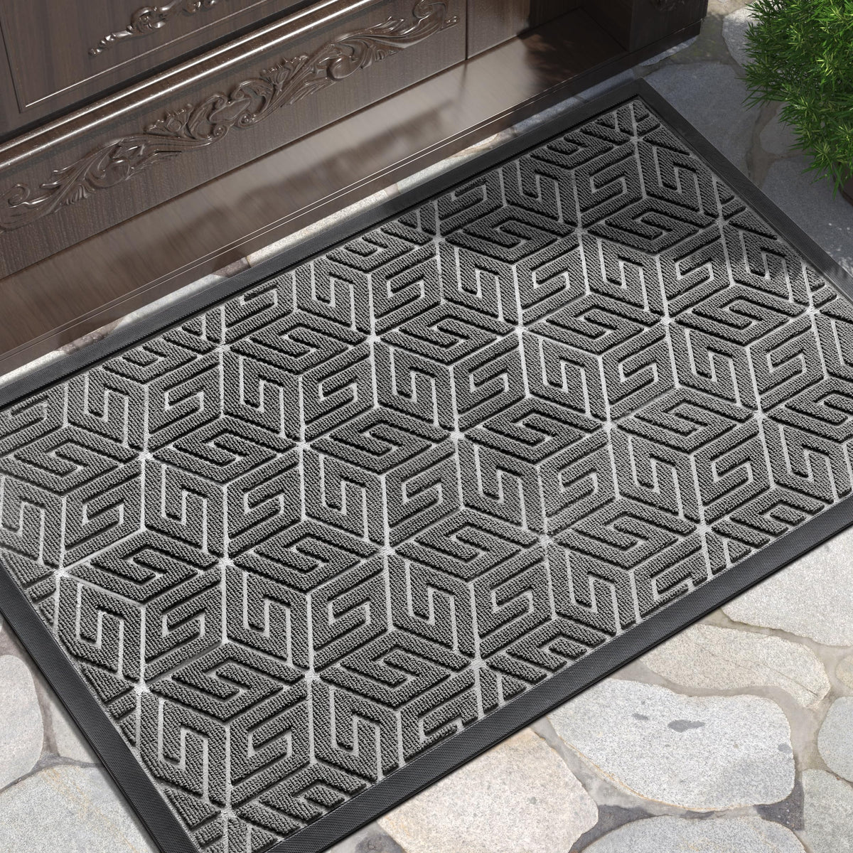 Yimobra doormat at outdoor entrance traps dirt and moisture for cleaner floors.