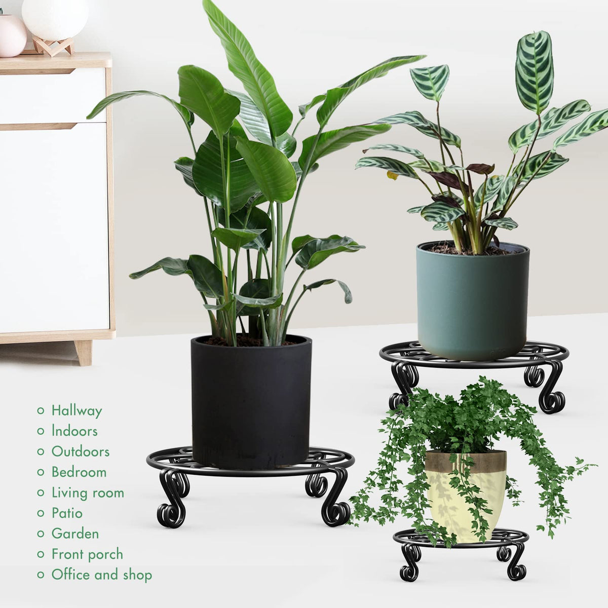 Yimobra round plant stand design complements decor while holding large planters.