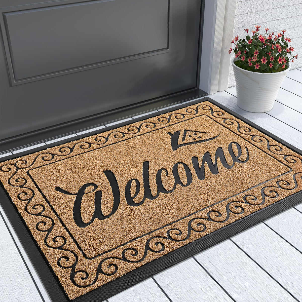 Yimobra welcome front door mat surface texture closeup traps dirt and debris.